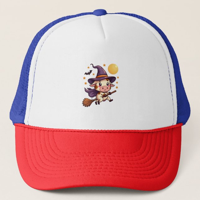 Witch Cow on a Broomstick Trucker Hat (Front)