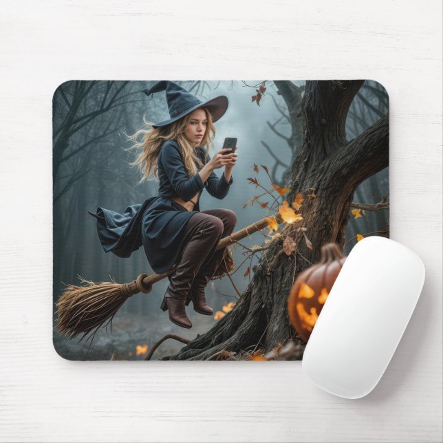 Witch Crashing Into a Tree While Texting Mouse Pad (With Mouse)