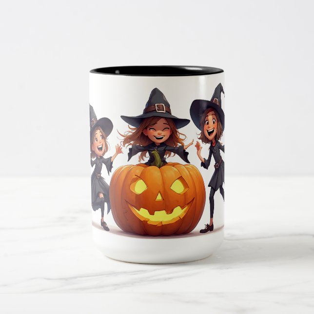 Witch Dancing By Jack O Lantern 🎃 Two-Tone Coffee Mug (Center)