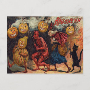 Witch Devil Black Cat Jack O' Lantern Postcard