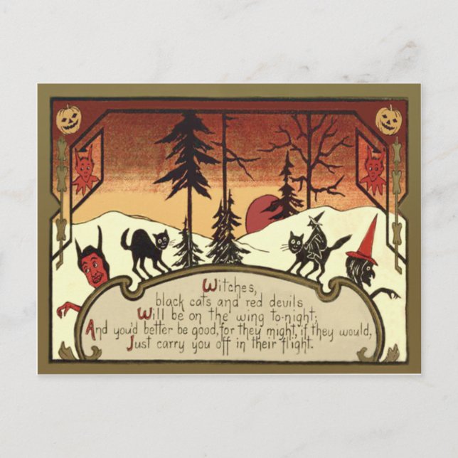 Witch Devil Jack O' Lantern Pumpkin Full Moon Postcard (Front)