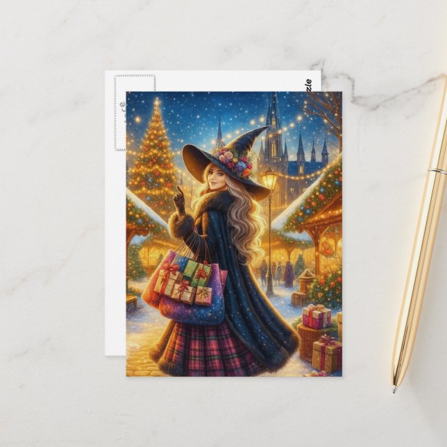  Witch Doing Her Yule Shopping in the City Postcard (Front/Back In Situ)