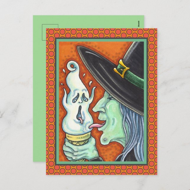 WITCH EATING SCREAMING ICE CREAM CONE, HALLOWEEN H HOLIDAY POSTCARD (Front/Back)