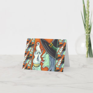 WITCH EATING SCREAMING ICE CREAM CONE, HALLOWEEN HOLIDAY CARD