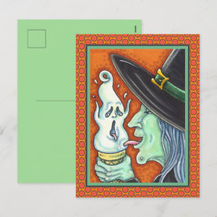 WITCH EATING SCREAMING ICE CREAM CONE, HALLOWEEN HOLIDAY POSTCARD