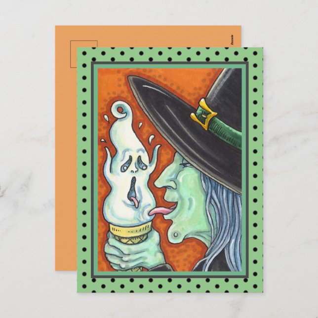 WITCH EATING SCREAMING ICE CREAM CONE, HALLOWEEN HOLIDAY POSTCARD (Front/Back)