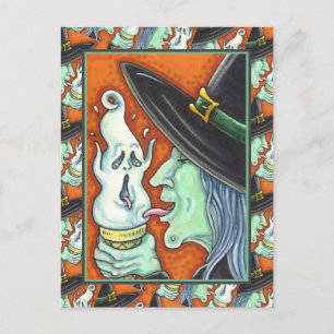 WITCH EATING SCREAMING ICE CREAM CONE, HALLOWEEN HOLIDAY POSTCARD