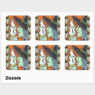 WITCH EATING SCREAMING ICE CREAM CONE, HALLOWEEN SQUARE STICKER