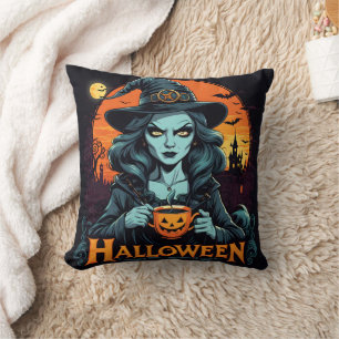 Witch enjoying pumpkin drink on Halloween night Cushion