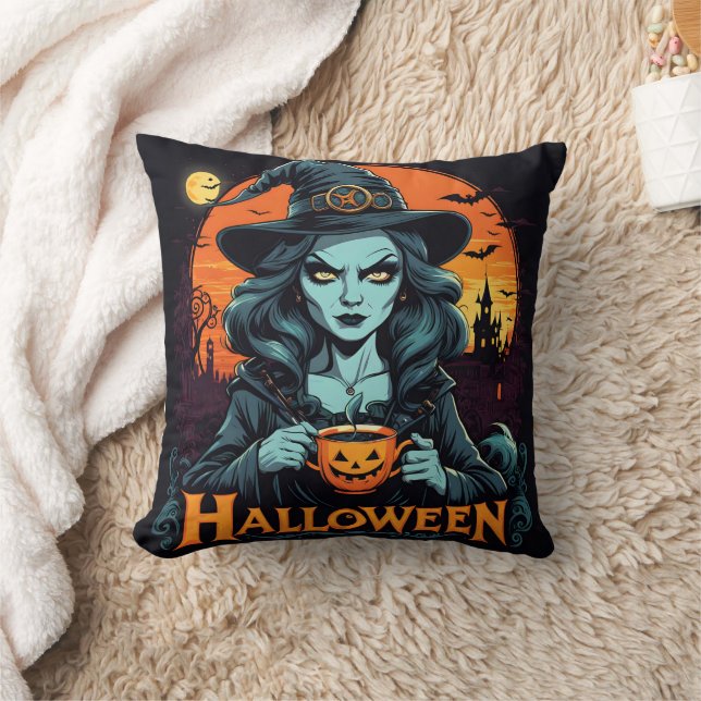 Witch enjoying pumpkin drink on Halloween night Cushion (Blanket)