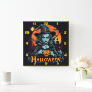 Witch enjoying pumpkin drink on Halloween night Square Wall Clock
