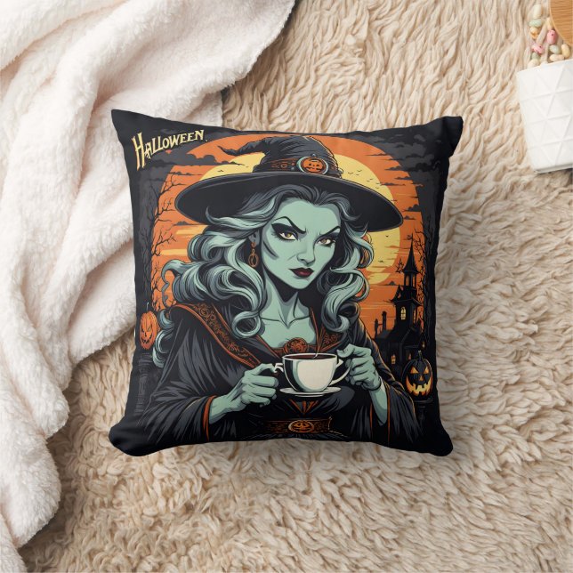 Witch enjoying tea on a spooky Halloween night Cushion (Blanket)