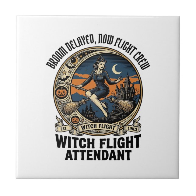 Witch flight attendant Halloween broom broke desig Ceramic Tile (Front)