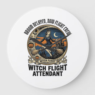 Witch flight attendant Halloween broom broke desig Large Clock