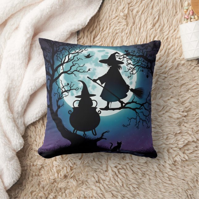 Witch flying at night under a full moon cushion (Blanket)