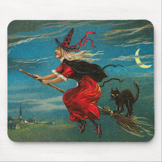 Witch Flying Black Cat Crescent Moon Mouse Pad