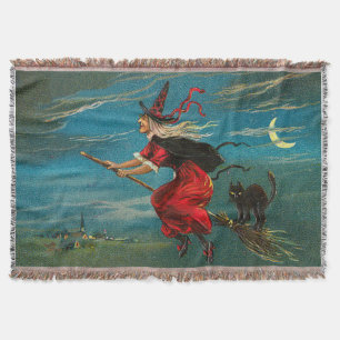 Witch Flying Black Cat Crescent Moon Throw Blanket