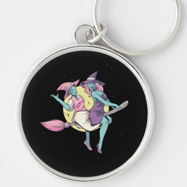 Witch Flying Broom Halloween Design Key Ring (Front)