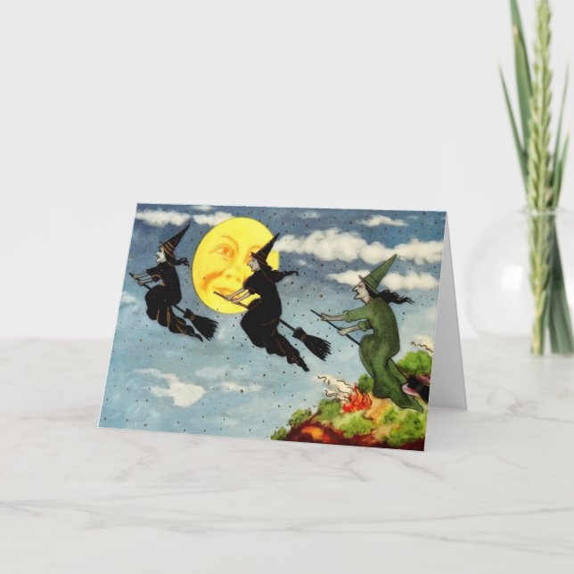 Witch Flying Broom Man In The Moon Sky Card (Front)