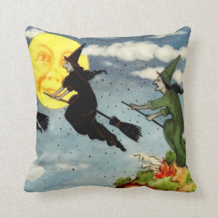 Witch Flying Broom Man In The Moon Sky Cushion