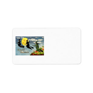 Witch Flying Broom Man In The Moon Sky Label