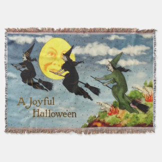 Witch Flying Broom Man In The Moon Sky Throw Blanket