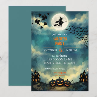 Witch Flying Full Moon Halloween Party Invitation