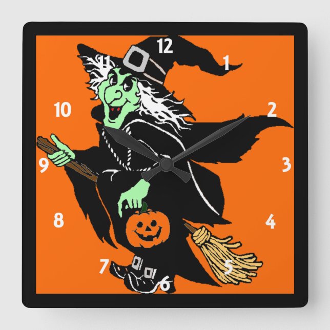 Witch Flying Halloween Cartoon Wall Clock (Front)