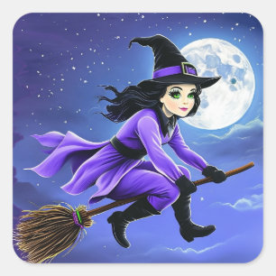 Witch flying of a broom - Wicca Halloween 1 Square Sticker