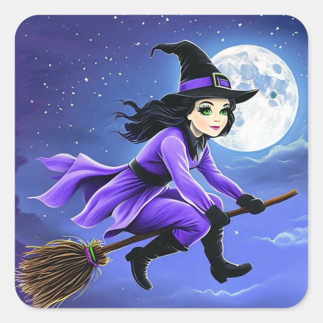 Witch flying of a broom - Wicca Halloween 1 Square Sticker (Front)