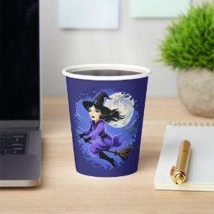 Witch flying of a broom - Wicca Halloween 7 Paper Cups