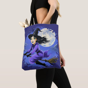 Witch flying of a broom - Wicca Halloween 7 Tote Bag