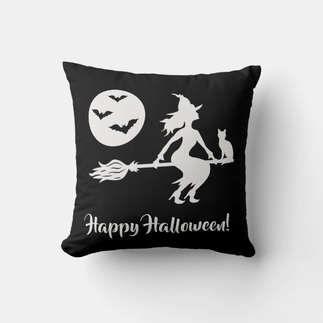 Witch Flying On A Broom Simple Black And White Cushion (Front)