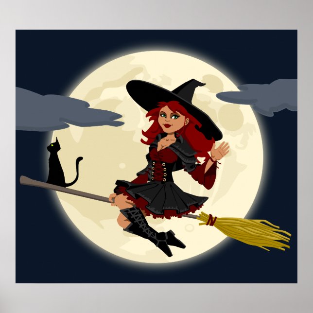 Witch Flying on Broom Poster (Front)