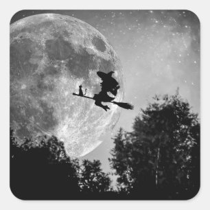 Witch flying on the broom with her cat square sticker