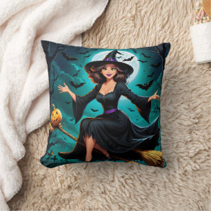 Witch flying over a moonlit graveyard with bats cushion