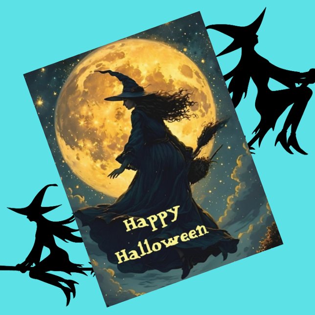 Witch Flying Over Full Moon Halloween Postcard (Creator Uploaded)