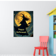 Witch Flying Over Full Moon Halloween Poster