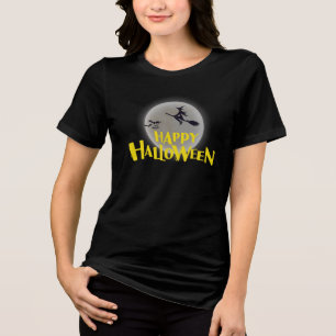 Witch Flying Over Full Moon Happy Halloween Tri-Blend Shirt