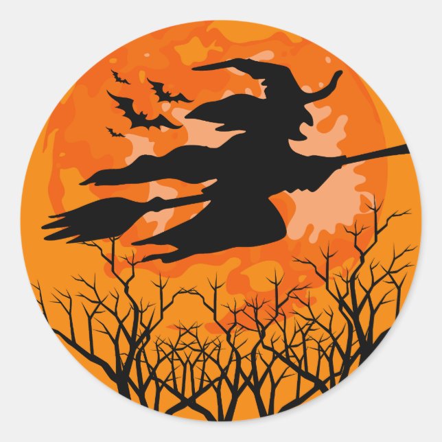 Witch Flying Over Halloween Sticker (Front)