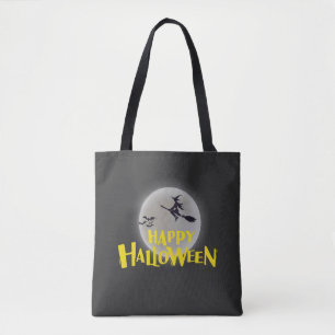Witch Flying Over Moon Happy Halloween Tote Bag
