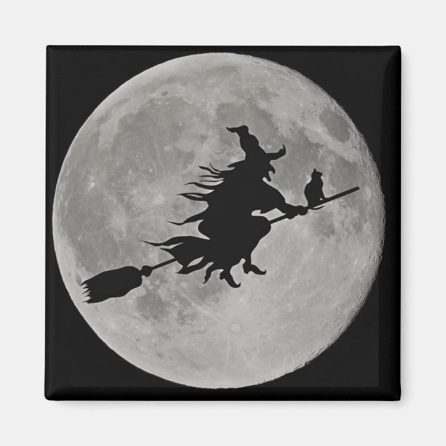 Witch Flying Over the Moon Halloween Magnet (Front)