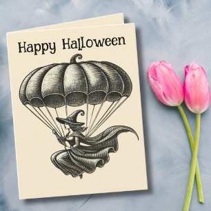 Witch Flying Pumpkin Parachute, Vintage Halloween  Holiday Card