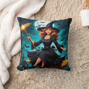 Witch flying through a moonlit night with bats cushion