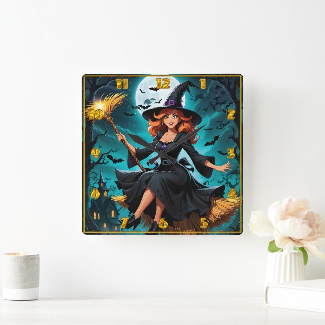 Witch flying through a moonlit night with bats square wall clock (Home)