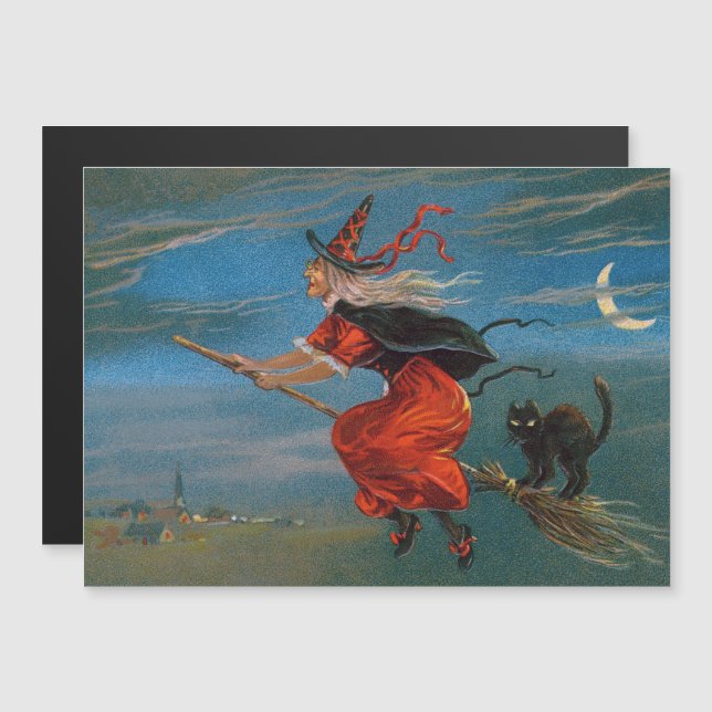 Witch Flying with Black Cat on Halloween Night  (Front/Back)