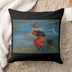 Witch Flying with Black Cat on Halloween Night Cushion