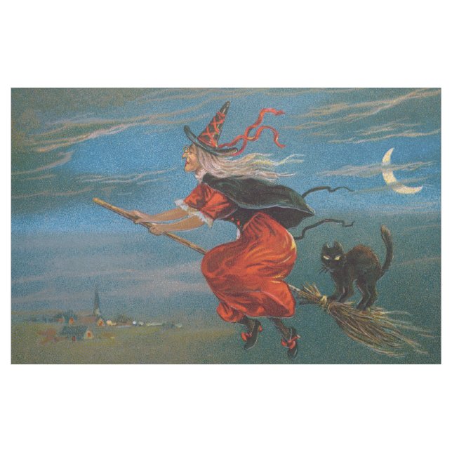 Witch Flying with Black Cat on Halloween Night  Fabric (Yard)