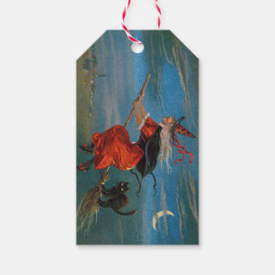 Witch Flying with Black Cat on Halloween Night Gift Tags