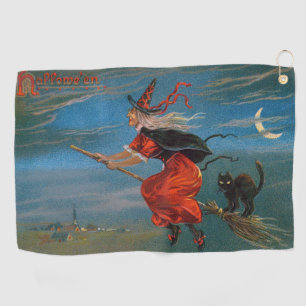 Witch Flying with Black Cat on Halloween Night  Golf Towel